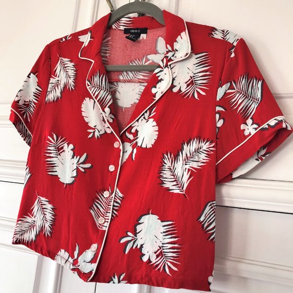 Bright Red Leaf-Print Hawaiian Crop Button-Down Shirt by Forever21 - Size Small - Picture 2 of 16
